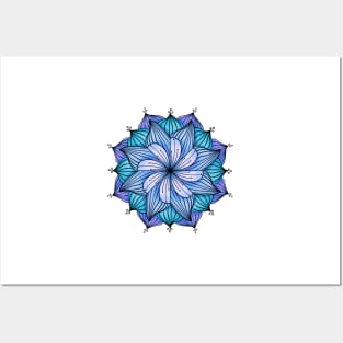 Bluesy Floral Mandala Posters and Art